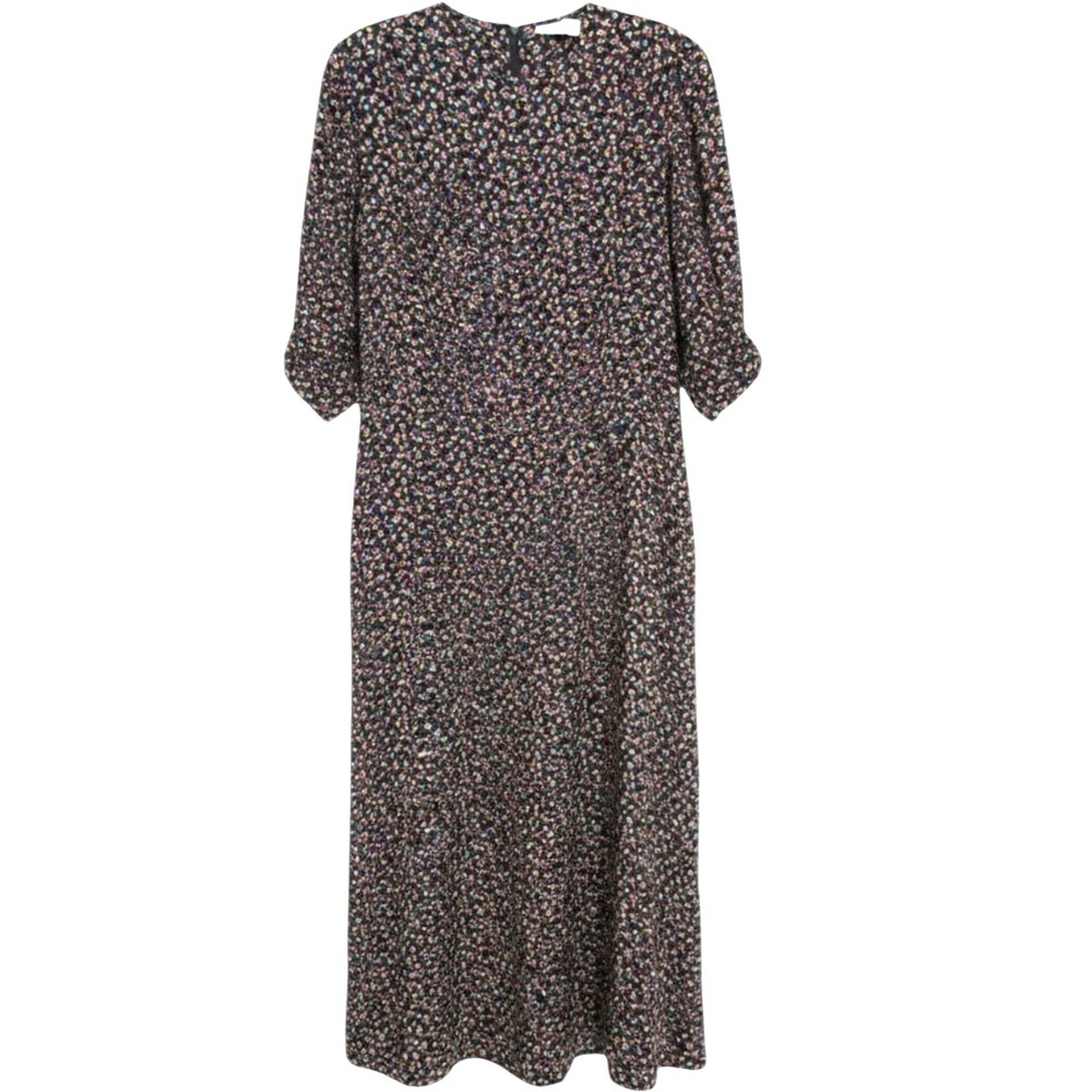 KARIN STEVENS Navy DITSY FLOWERS Zip Back PLEATED NECKLINE Shift Dress Sz 14